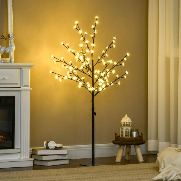 Árvore de Cerejeira com 120 Luzes LED IP44 Candeeiro Decorativo Flor de Cereja com Ramos Flexíveis 17x17x120cm Preto