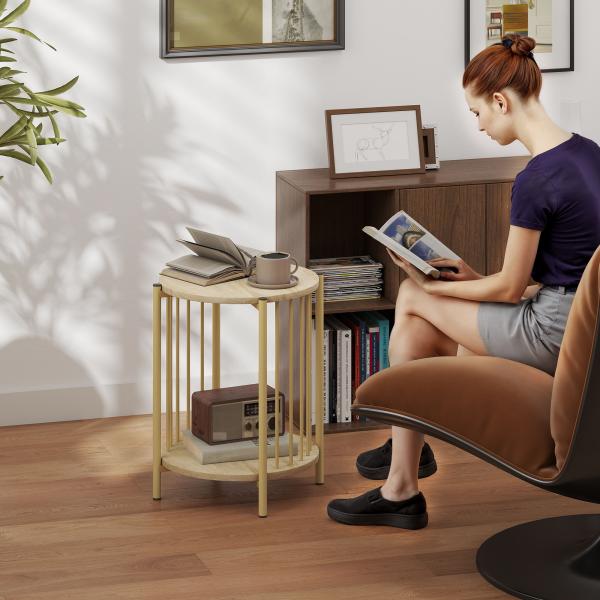 Mesa Lateral Redonda de 2 Níveis com Prateleira de Armazenamento e Estrutura de Aço para Sala e Quarto Ø41x49 cm Madeira