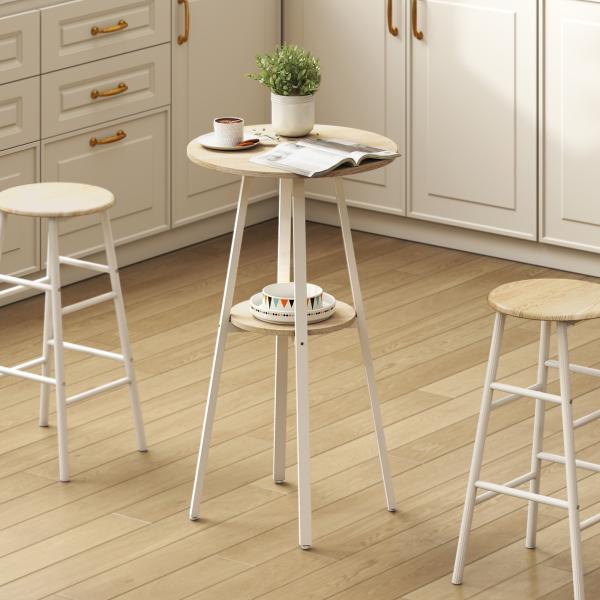 Mesa Alta de Cozinha Redonda com Prateleira de Armazenamento para 2 Pessoas com Estrutura de Metal 55x55x95 cm Madeira e Branco