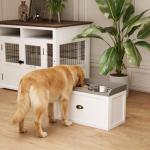 Comedouro Elevado para Cães com 2 Tigelas 2000ml de Aço Inoxidável Gaveta Oculta com Suporte de Madeira 60x30x36cm Branco