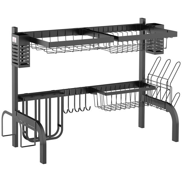 Escorredor de Louça de Aço de 2 Níveis com Suporte para Tábua Suporte para Talheres e 5 Ganchos 65x31,5x52,5cm Preto