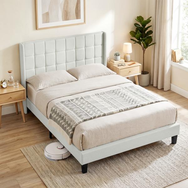 Cama de Casal 135x190 cm com Cabeceira Estofada com Laterais e Arrumação Inferior, Bege