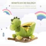 Cavalo de Baloiço em Forma de Dinossauro de Pélucia para Bebés 18 - 36 Meses com Sons Cinto de Segurança Guiador e Apoio para os Pés 60x33x45cm Verde