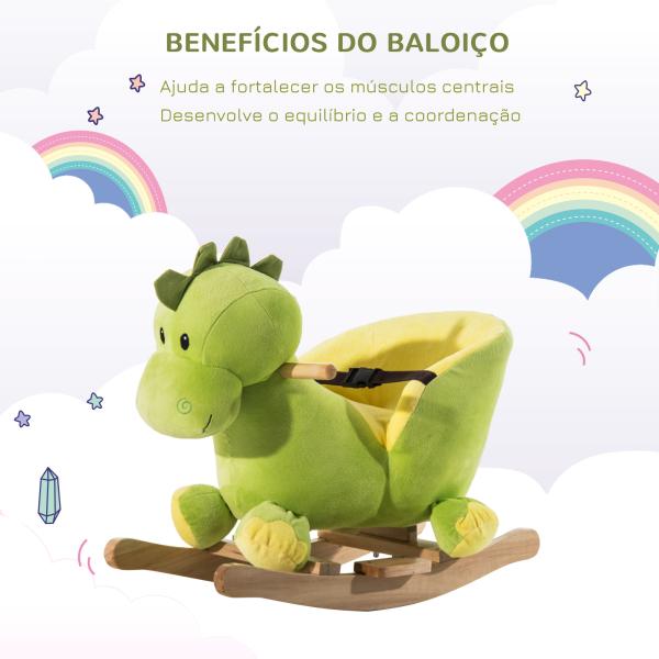 Cavalo de Baloiço em Forma de Dinossauro de Pélucia para Bebés 18 - 36 Meses com Sons Cinto de Segurança Guiador e Apoio para os Pés 60x33x45cm Verde