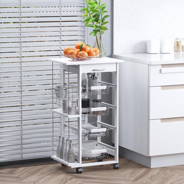 Carrinho de cozinha de 5 níveis com gaveta Cestas Rodas 47x37x83 Branco