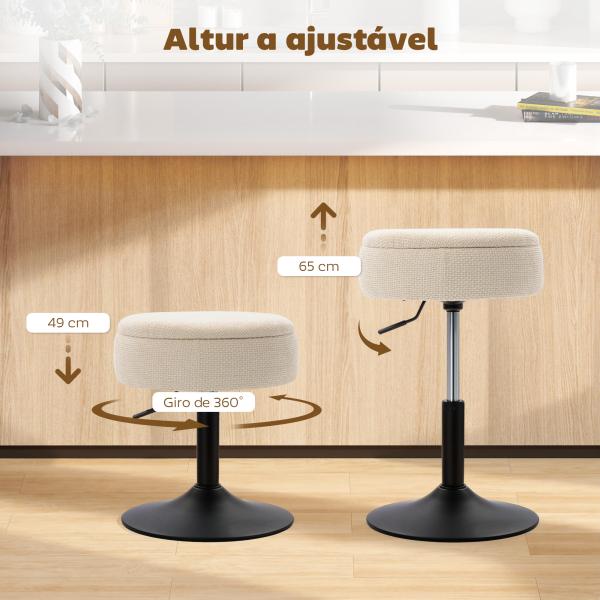 Banco de Bar com Armazenamento Altura Ajustável Giratório Estofado em Chenilla 39x39x49 - 65 cm Bege