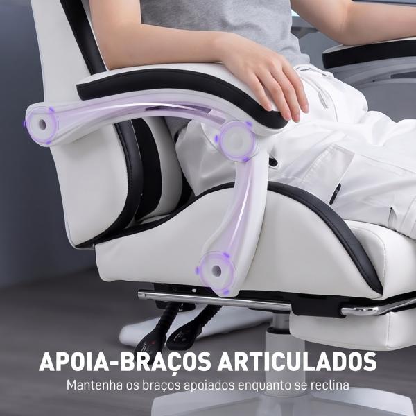 Cadeira Gaming de Couro PU com Altura Ajustável Reclinável 135° e Apoio para os Pés Retrátil 65x65x121 - 129 cm Branco e Preto