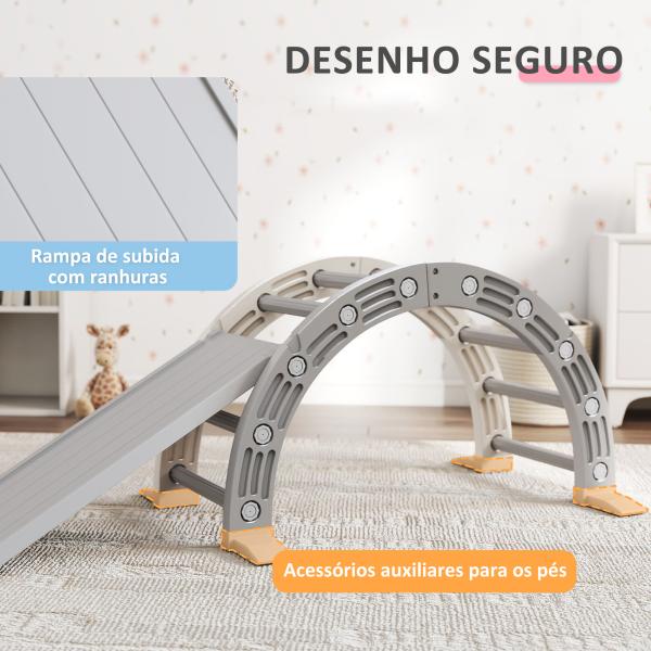Escalada para Crianças de 18 - 48 Meses 4 em 1 com Arco de Escalada Baloiço Rampa e Escorrega 164x70x57 cm Cinza e Branco