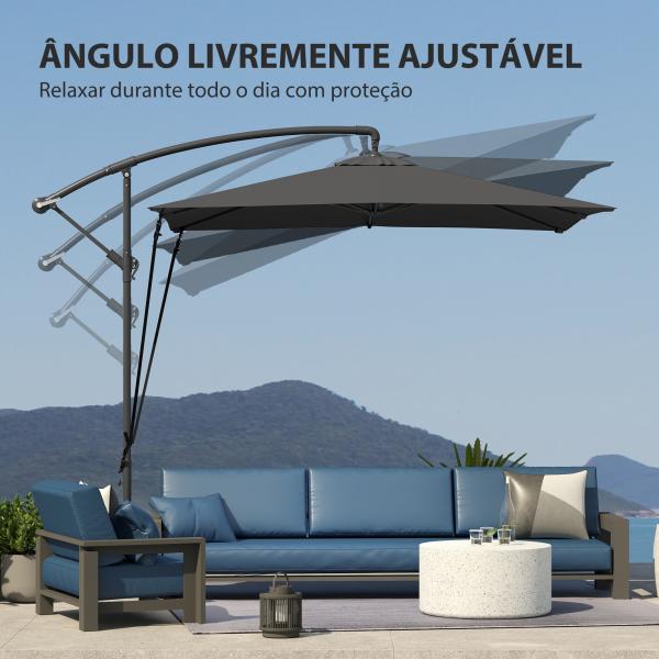 Chapéu de Sol Excêntrico 247x247 cm com Base Cruzada, Manivela, Capa Protetora e Cobertura Giratória 360°, Cinzento Escuro