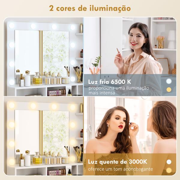 Toucador de Maquilhagem com Luzes LED Banco Espelho 10 Lâmpadas Gaveta Prateleiras e Compartimentos Branco
