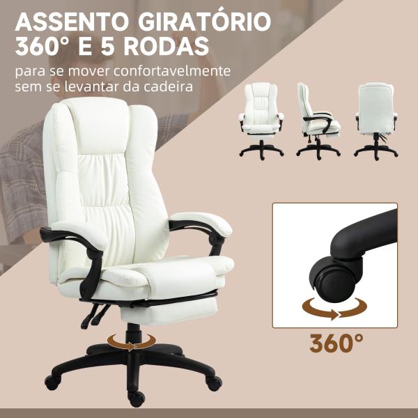 Cadeira de Escritório com Altura Ajustável 6 Pontos de Massagem e Apoio para os Pés Retrátil 68,5x68,5x113 - 121 cm Creme