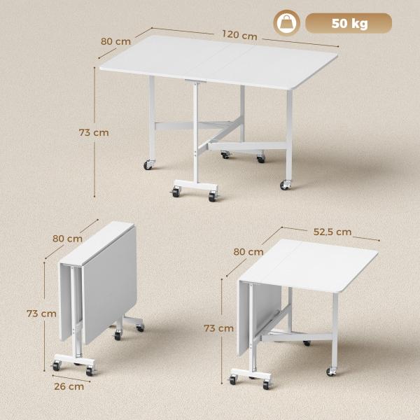 Mesa Dobrável de Cozinha para 4 - 6 Pessoas Mesa de Sala de Jantar Dobrável com Rodas e Laterais Dobráveis 120x80x73 cm Branco