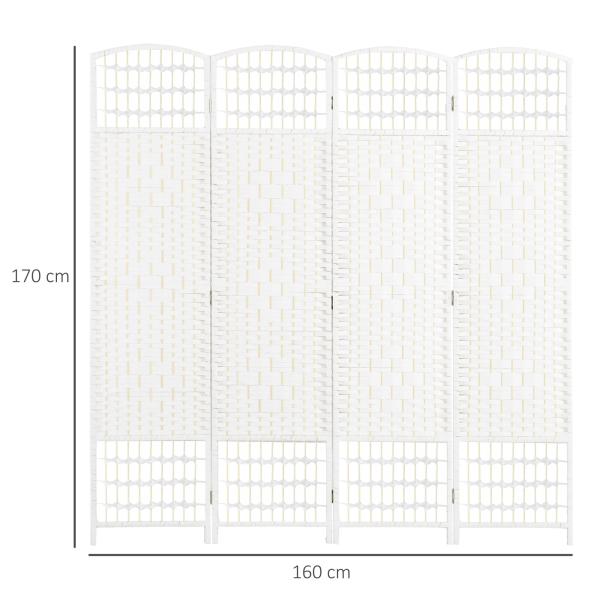 Biombo de 4 Painéis Dobrável Separador de Ambientes de Corda de Papel e Estrutura de Madeira 60x170 cm Branco