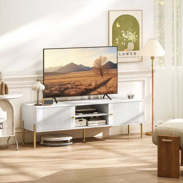 Móvel de TV Moderno com 2 Prateleiras Abertas Ajustáveis para Televisão 65 Polegadas 140x38x45,9 cm Branco