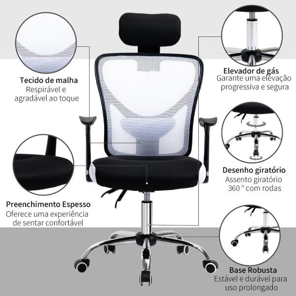 Cadeira de Escritório Ergonômica Cadeira de Escritório Giratória com Altura Ajustável Função Reclinável Apoio para a Cabeça e Suporte Lombar 65x67x108 - 118cm Branco