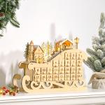 Calendário de Advento de Natal com Luzes LED e 24 Gavetas Decoração de Natal Modelo de Trenó 45x10x31cm Madeira Natural