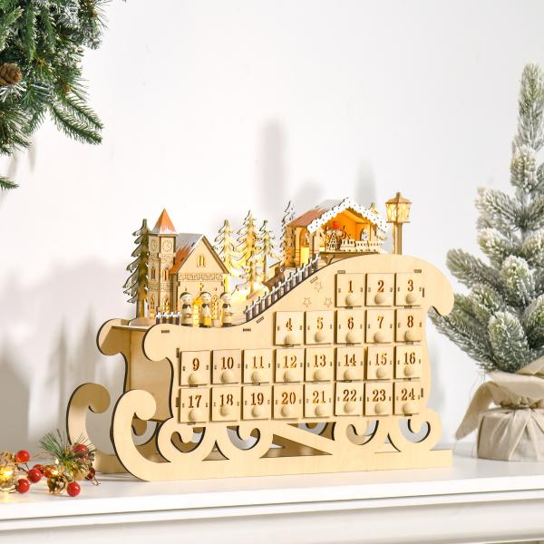 Calendário de Advento de Natal com Luzes LED e 24 Gavetas Decoração de Natal Modelo de Trenó 45x10x31cm Madeira Natural