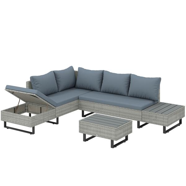 Conjunto de Jardim em Vime PE de 3 Peças com Encosto Ajustável Sofá de 3 Lugares Sofá de 2 Lugares e Mesa Cinzento