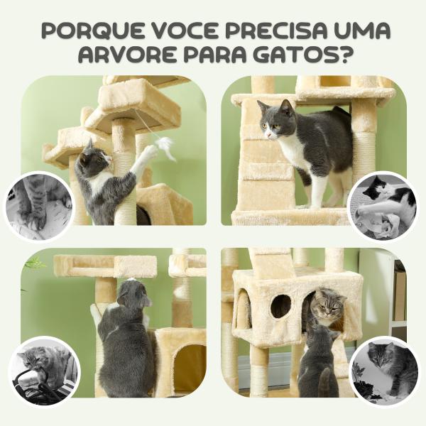 Árvore Arranhador para Gatos Grande 49x49x173 cm com Múltiplos Níveis Cavernas Brinquedos Suspensos Centro de Atividades de Sisal Bege