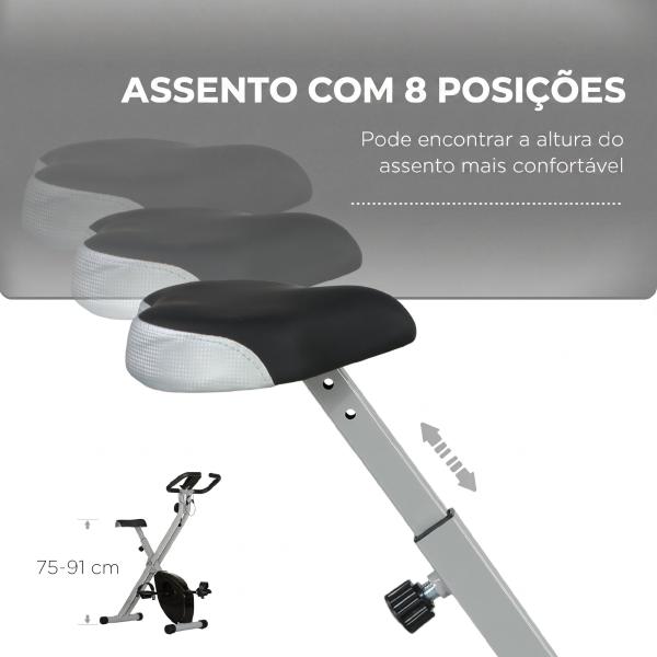 Bicicleta Estática Dobrável Silenciosa com 8 Níveis de Resistência, Monitor LCD, Assento Ajustável e Rodas, Cinzento