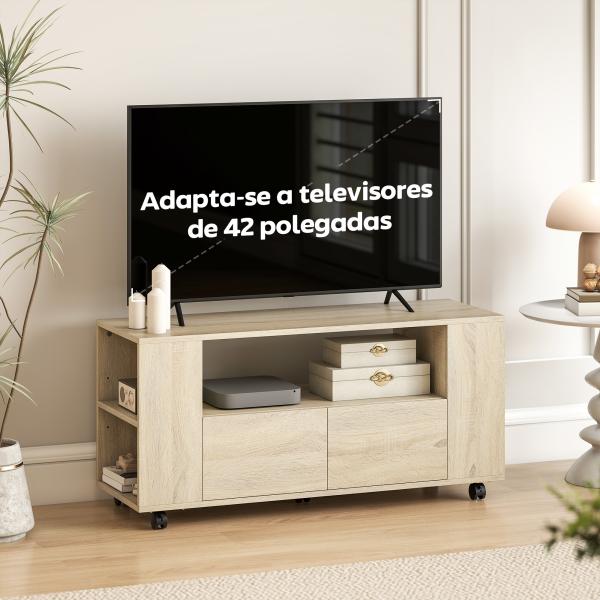 Móvel de TV com Rodas para Televisão até 42 Polegadas com 2 Gavetas Prateleiras Ajustáveis 102x34,5x48,5 cm Madeira