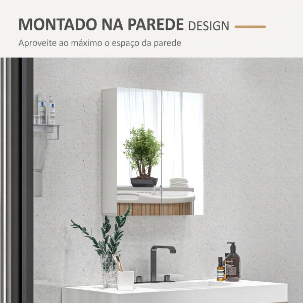 Armário de Casa de Banho com Espelho de Parede com 2 Portas e Prateleira Ajustável Fecho Suave 60x15x70 cm Branco