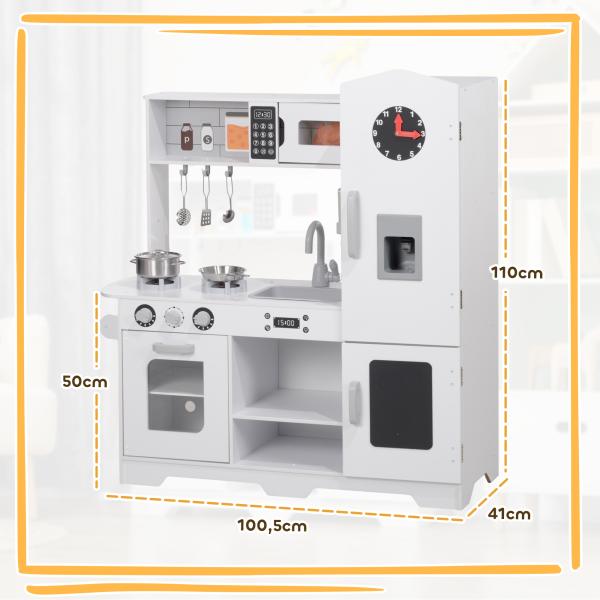 Cozinha de Madeira para Crianças com Fogão Lavatório Micro - Ondas Relógio Máquina de Gelo e Acessórios 100,5x41x110 cm Brancp