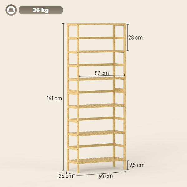 Estante de Bambu de 6 Níveis Prateleiras Ajustáveis para Espaços Pequenos Casa de Banho Cozinha 60x26x161 cm Madeira