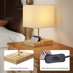 Candeeiro de Mesa com Portas USB - A/C Três Ranhuras para Telemóveis Base de Madeira e Ecrã de Tecido E27 40W 25x20x40,5 cm Branco