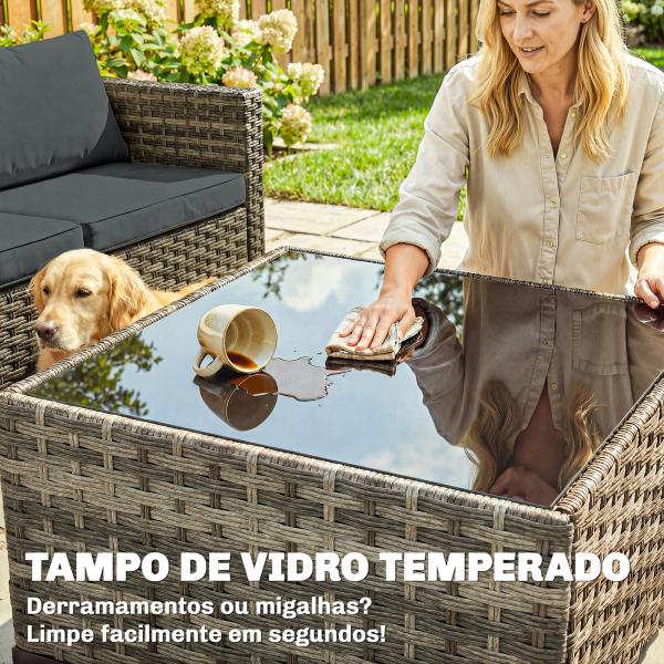 Conjunto de Jardim em Vime de 5 Peças Inclui Almofadas 2 Poltronas de Canto Poltrona sem Braços Apoia - Pés e Mesa de Centro Cinza Escuro