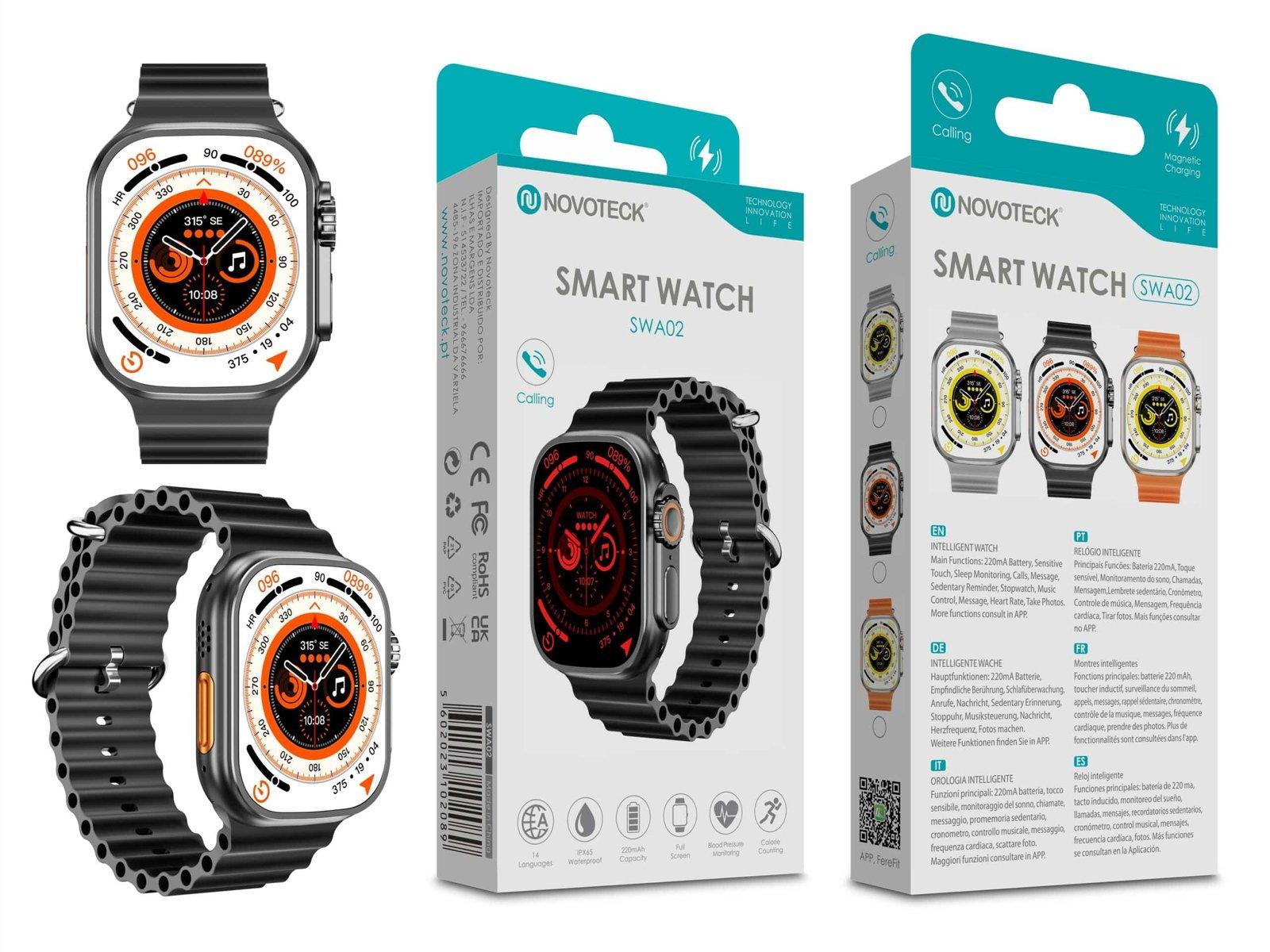 Smartwatch Negro SWA02 com Funções Inteligentes, Monitoramento de Saúde, Conexão Bluetooth e Design Moderno