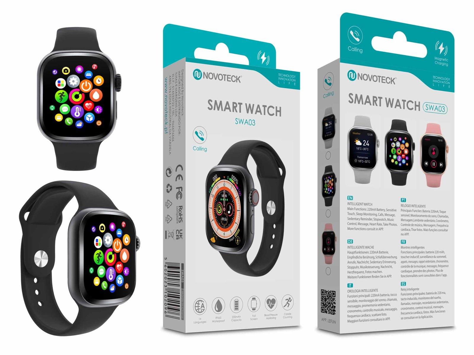 Smartwatch Negro SWA03 - Monitoramento de Saúde, Notificações