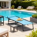 Espreguiçadeira de jardim dobrável e ajustável com 4 posições sistema de laço Estrutura de Aço 197x58x76 cm azul claro