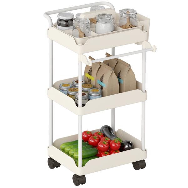 Carrinho Auxiliar com Rodas de 3 Níveis com Cestos Extraíveis Suporte para Toalhas e Estrutura de Metal 42x42,5x76 cm Branco