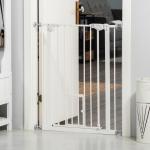 Barreira de Segurança para Cães Animais de Estimação 74 - 80cm para Escadas Portas e Corredores com Porta para Gatos Fechamento Automático e Sistema de Duplo Bloqueio Altura 91,4cm Branco