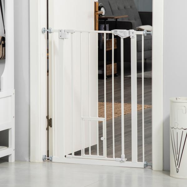 Barreira de Segurança para Cães Animais de Estimação 74 - 80cm para Escadas Portas e Corredores com Porta para Gatos Fechamento Automático e Sistema de Duplo Bloqueio Altura 91,4cm Branco