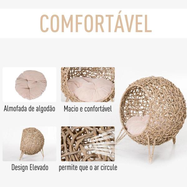 Cama para Gatos em Vime Sintético com Base de Tripé Almofada com Pelúcia e Algodão Suave Desenho Elevado Ø52x58 cm Madeira