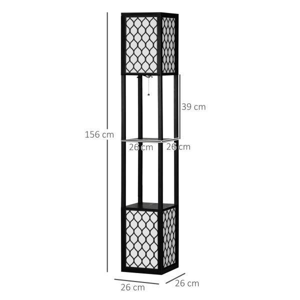 Candeeiro de Pé de Madeira com Estantes Lâmpada E27 Máx. 40W com Interruptor 26x26x156cm Preto e Branco