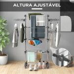 Estendal Vertical de 4 Níveis com Rodas, 2 Abas Rebatíveis, Prateleiras Ajustáveis e Estrutura em Aço, Cinzento e Prateado