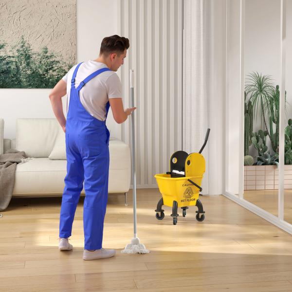 Balde de Esfregona com Rodas Espremedor Desmontável de Pressão para Baixo Capacidade 26 L Inclui Esfregona e Asa 45x31x90 cm Amarelo
