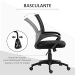 Cadeira de Escritório de Malha Giratória com Altura Ajustável Função Basculante e Apoio para os Braços 57x55x89 - 109 cm Preto