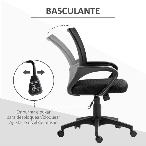 Cadeira de Escritório de Malha Giratória com Altura Ajustável Função Basculante e Apoio para os Braços 57x55x89 - 109 cm Preto