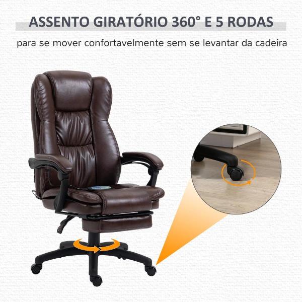 Cadeira de Escritório e Giratória Cadeira de Escritório com Altura Ajustável 6 Pontos de Massagem Controle Remoto e Apoio para os Pés Retrátil 68,5x68,5x119 - 127cm Marrom