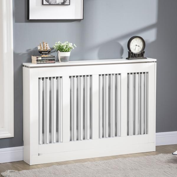 Cobertura para Radiador em MDF com Ripas e Prateleira para Sala e Quarto 120x18x84 cm Branco
