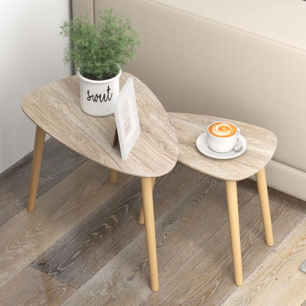 Conjunto de 2 Mesas Auxiliares com Pés de Madeira Mesas de Café 59,5x39,5x45 cm e 44,5x28,5x40 cm Madeira