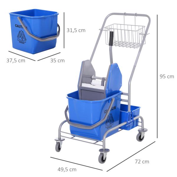 Carro de Limpeza Profissional com Rodas Balde de Esfregona Removível de 25L Espremedor Cesto e Cubeta 72x49,5x95 cm Azul