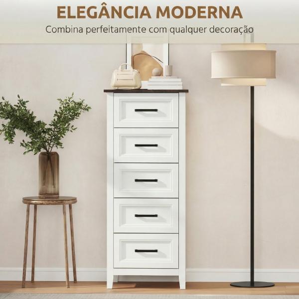 Cómoda 5 Gavetas Cómoda de Dormitório Estreita e Alta com Bancada com Efeito Madeira 45x35x106 cm Branco