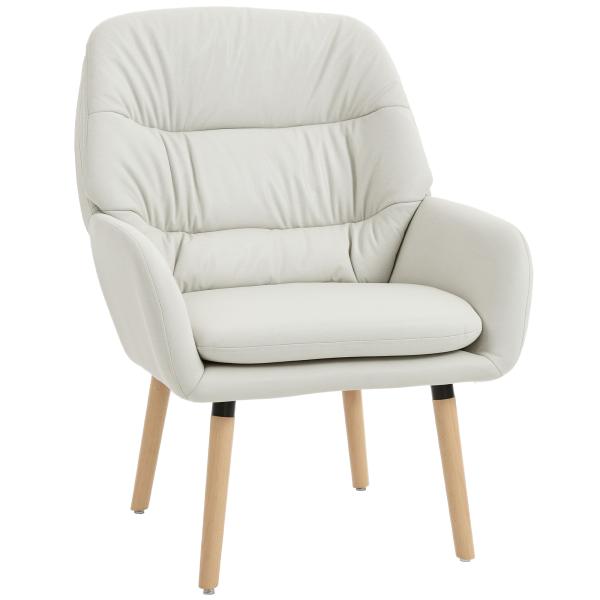 Poltrona de Sala de Estar Moderna Acolchoada de Dupla Camada Estofada em Couro Sintético Pés de Madeira 68x74x89 cm Creme