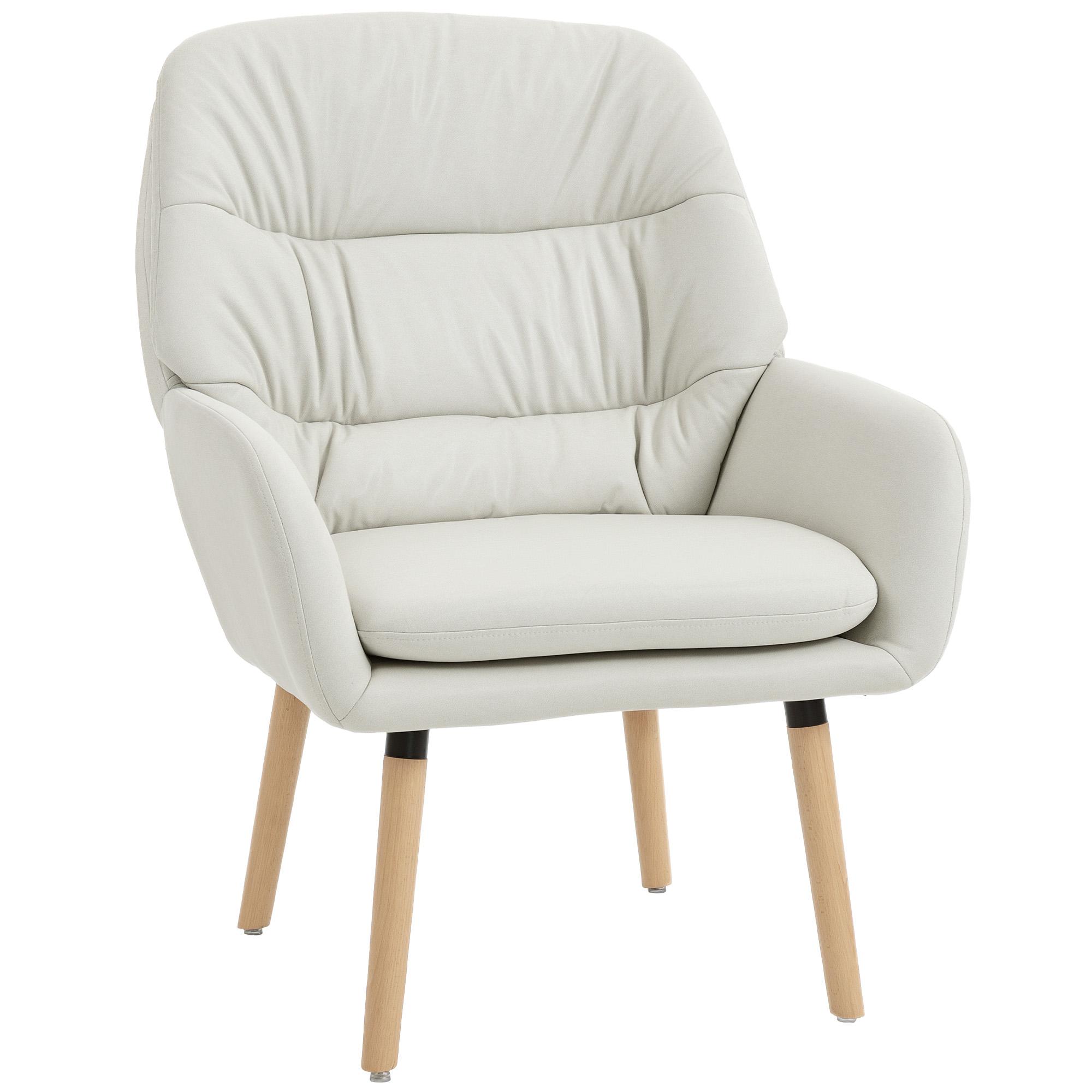 Poltrona de Sala de Estar Moderna Acolchoada de Dupla Camada Estofada em Couro Sintético Pés de Madeira 68x74x89 cm Creme
