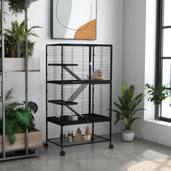 Gaiola para Animais Pequenos de 4 Níveis com Rodas Rampa Comedouro Bebedouro e Bandeja Removível 78x45,5x136 cm Preto